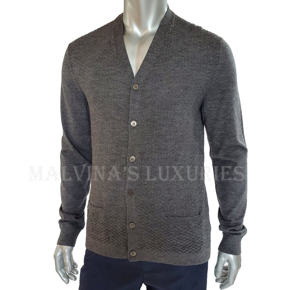GUCCI MENS SWEATER GREY DIAMANTE KNIT WOOL CARDIGAN w WEB STRIPE SHOULDER sz XXL